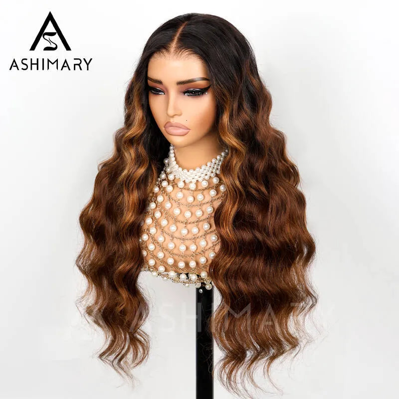 New Black Ombre Brown Highlight 3D Body Wave 360 Lace Frontal with Invisi Strap Pre Bleached & Plucked Human Hair Wig