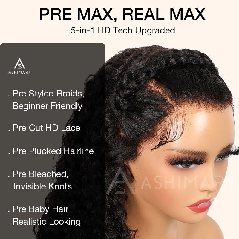 Pre Braided & Pre Baby Hair Water Wave Invisi Strap Snug Fit 360 Skin Lace Frontal Bleached Knots Crown Braid Wig