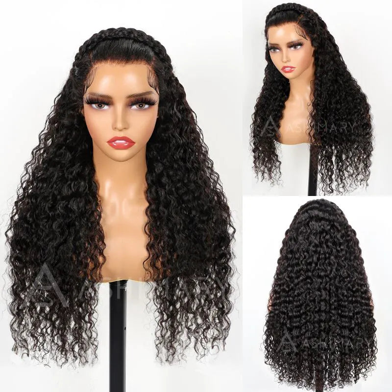 Pre Braided & Pre Baby Hair Water Wave Invisi Strap Snug Fit 360 Skin Lace Frontal Bleached Knots Crown Braid Wig