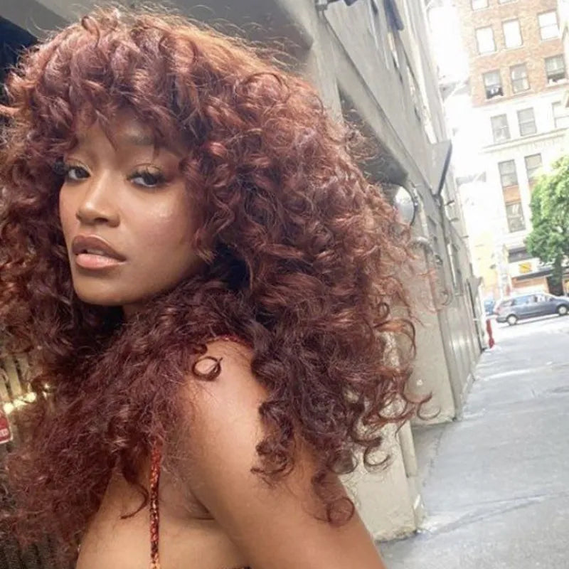 Reddish Brown Curly Wig with Full Bangs Machine Made Cost-effective Human Hair Wig 250% Density