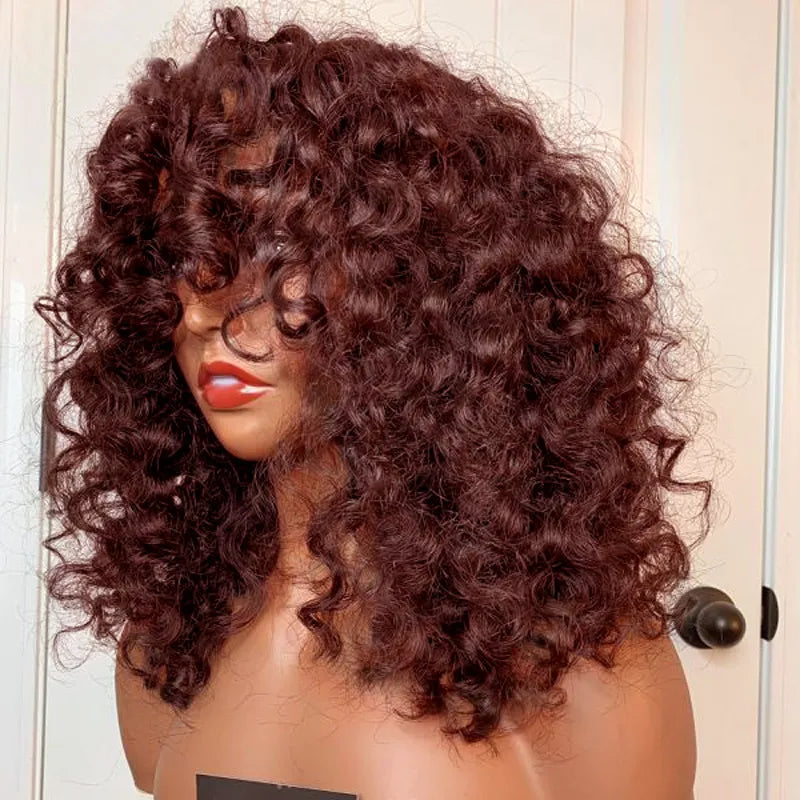 Reddish Brown Curly Wig with Full Bangs Machine Made Cost-effective Human Hair Wig 250% Density