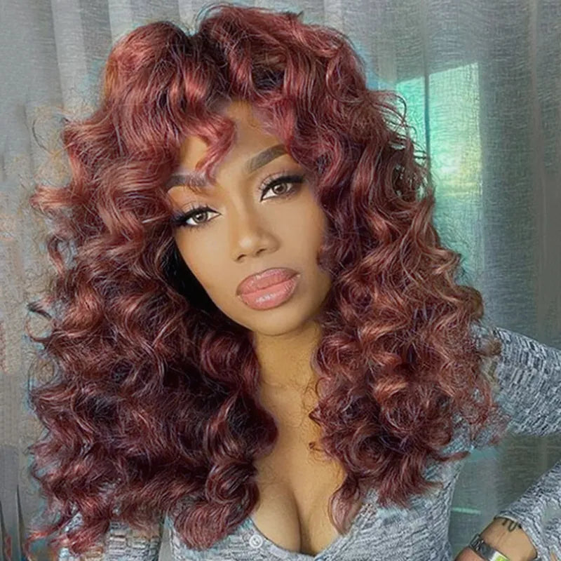 Reddish Brown Curly Wig with Full Bangs Machine Made Cost-effective Human Hair Wig 250% Density