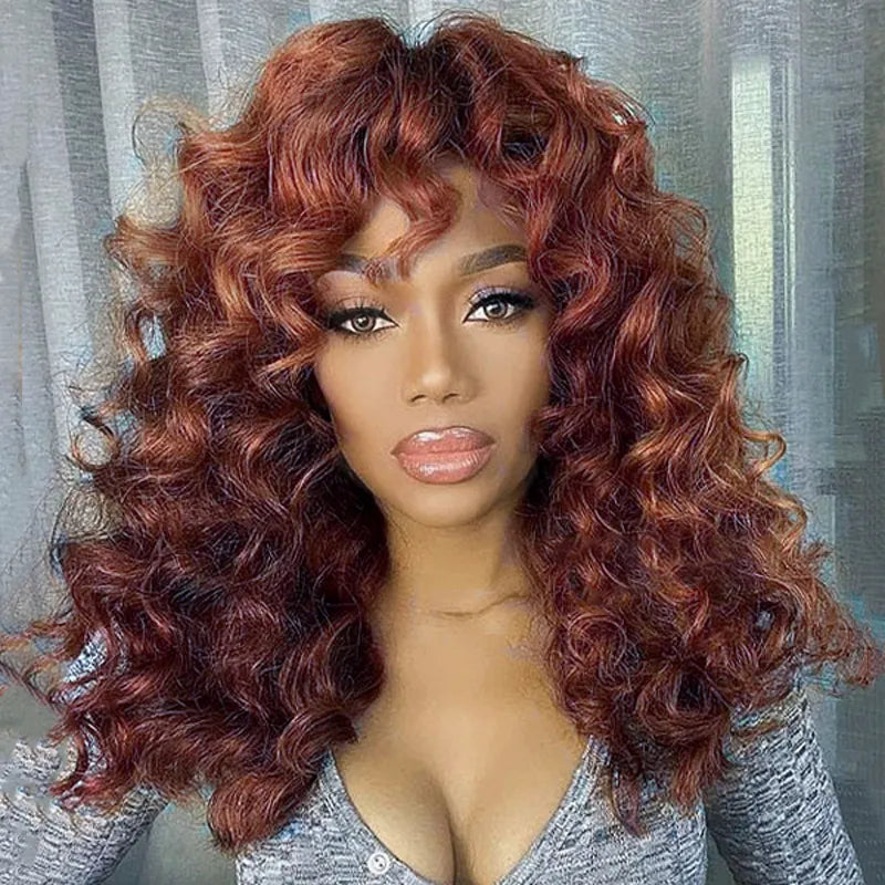 Reddish Brown Curly Wig with Full Bangs Machine Made Cost-effective Human Hair Wig 250% Density