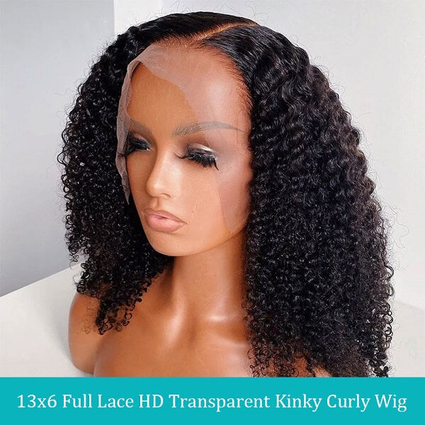 Pull Go 13x6 Full Glueless Lace Wig Transparent Lace Kinky Curly Wig Natural Black Color