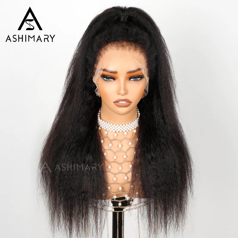 Ashimary Newborn Hairline 13x4 Glueless Lace BlendAway Transparent Lace Black Kinky Straight Wig
