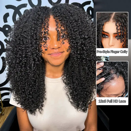 Coily Pull Go 13x6 Full Glueless Wig Skin Lace Frontal Parting Max Pre-Bleached & Pre-Styled Finger Coils Wig Face Farming Human Hair