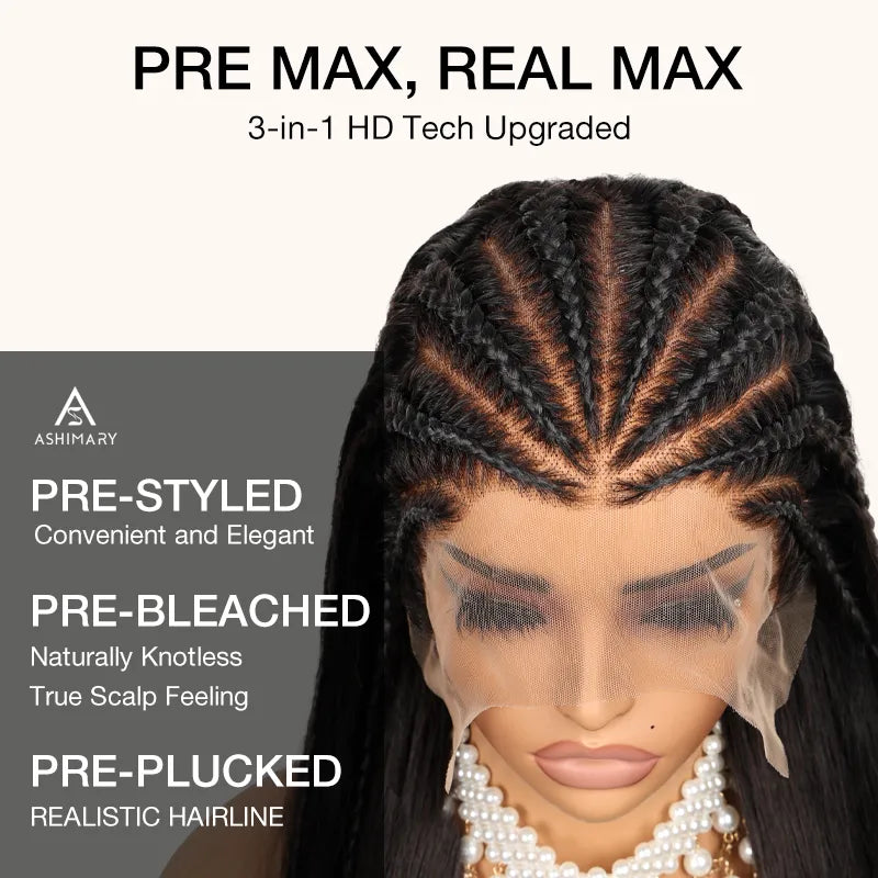 Ashimary Pull Go 13x6 Full Wig Half Braid Straight Transparent Lace Frontal Pre Bleached & Plucked Human Hair Pre Styled Glueless Wig