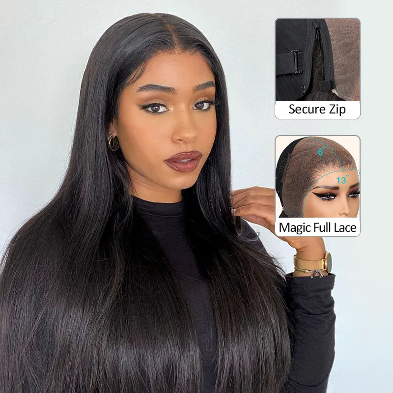 Ashimary PairUp Magic Lace Wig Straight Natural Black Pre-Cut Lace Wig With Optional Replaceable Zip Lace Top