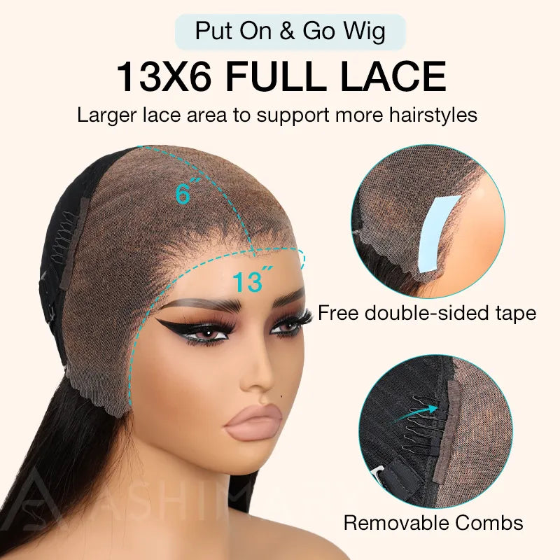 Ashimary Pull Go 13x6 Full Wig Honey Blonde Highlights on Black Hair Transparent Lace Frontal Pre Everything Glueless Human Hair Wig