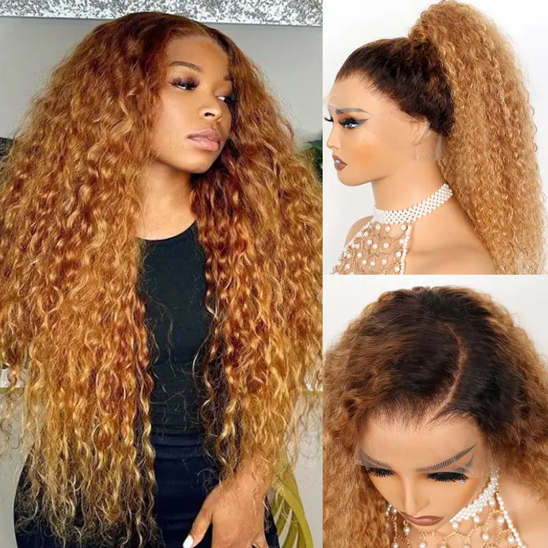 Extra 70% OFF | Water Wave Invisi Strap 360 Skin Lace Frontal Ombre Honey Blonde Wig With Chocolate Dark Roots Pre Everything Glueless Wig