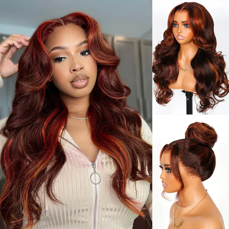 Salon Layer Cut Ginger Highlights On Brown Hair 360 Lace Frontal Invisi Strap Skin Lace Drawstring Snug Fit Body Wave Human Hair Wig