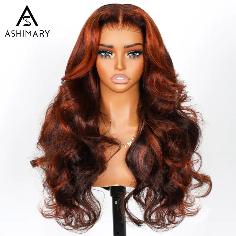 Salon Layer Cut Ginger Highlights On Brown Hair 360 Lace Frontal Invisi Strap Skin Lace Drawstring Snug Fit Body Wave Human Hair Wig