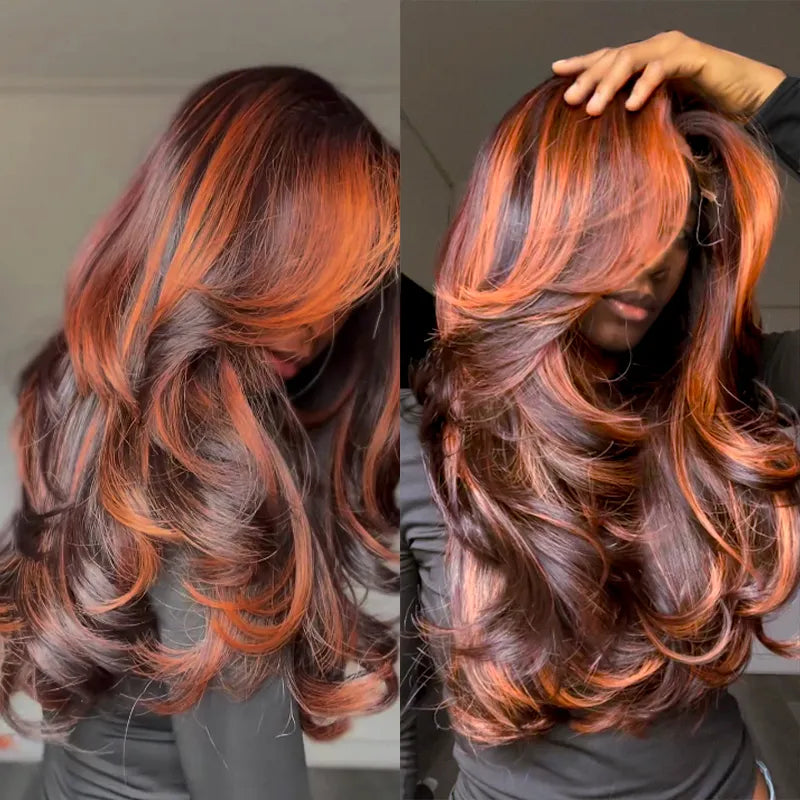 Salon Layer Cut Ginger Highlights On Brown Hair 360 Lace Frontal Invisi Strap Skin Lace Drawstring Snug Fit Body Wave Human Hair Wig