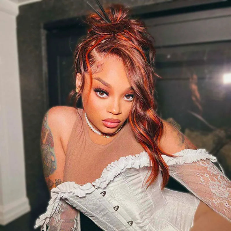 Salon Layer Cut Ginger Highlights On Brown Hair 360 Lace Frontal Invisi Strap Skin Lace Drawstring Snug Fit Body Wave Human Hair Wig