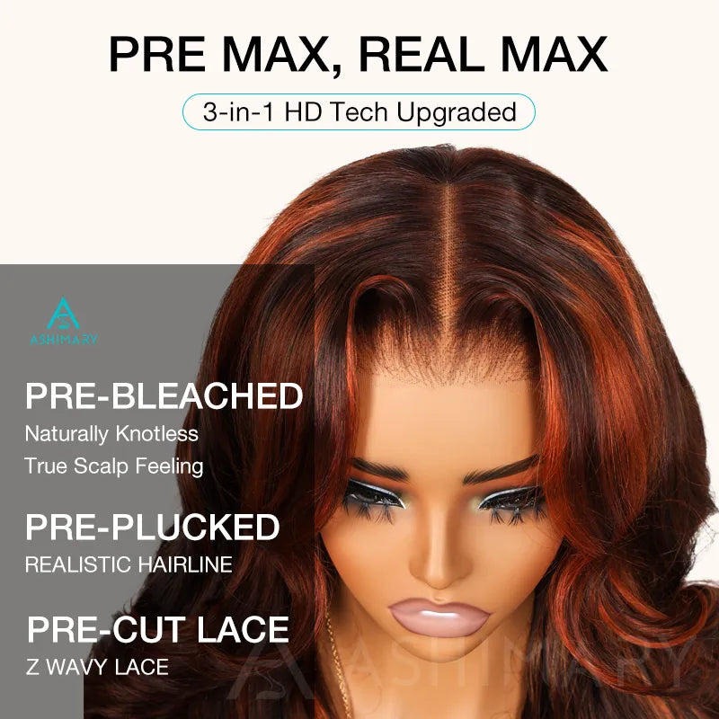 Salon Layer Cut Ginger Highlights On Brown Hair 360 Lace Frontal Invisi Strap Skin Lace Drawstring Snug Fit Body Wave Human Hair Wig