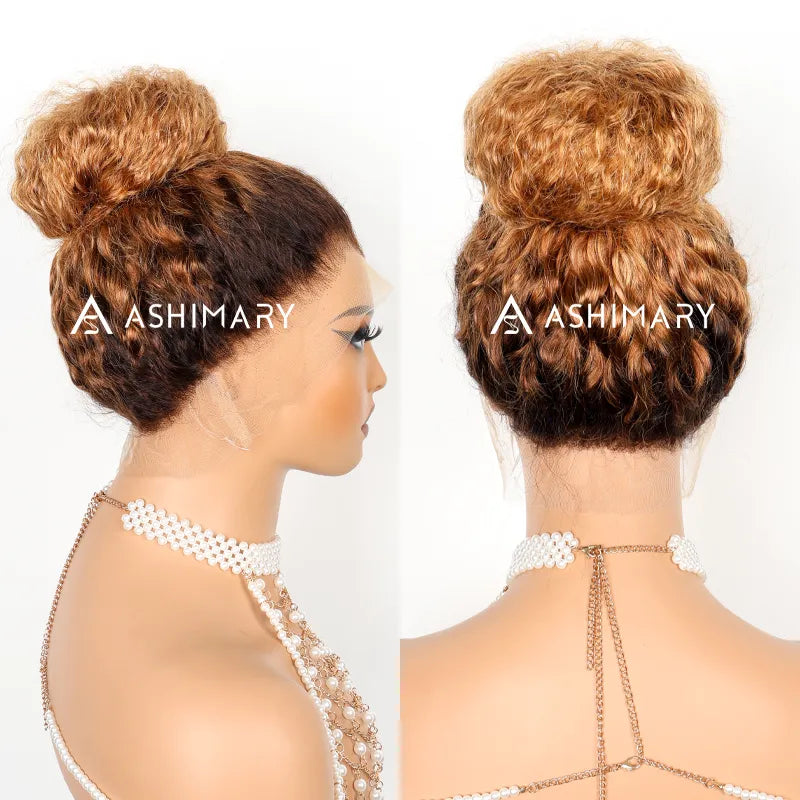 Water Wave Invisi Strap 360 Skin Lace Frontal Ombre Honey Blonde Wig With Chocolate Dark Roots Pre Everything Glueless Wig