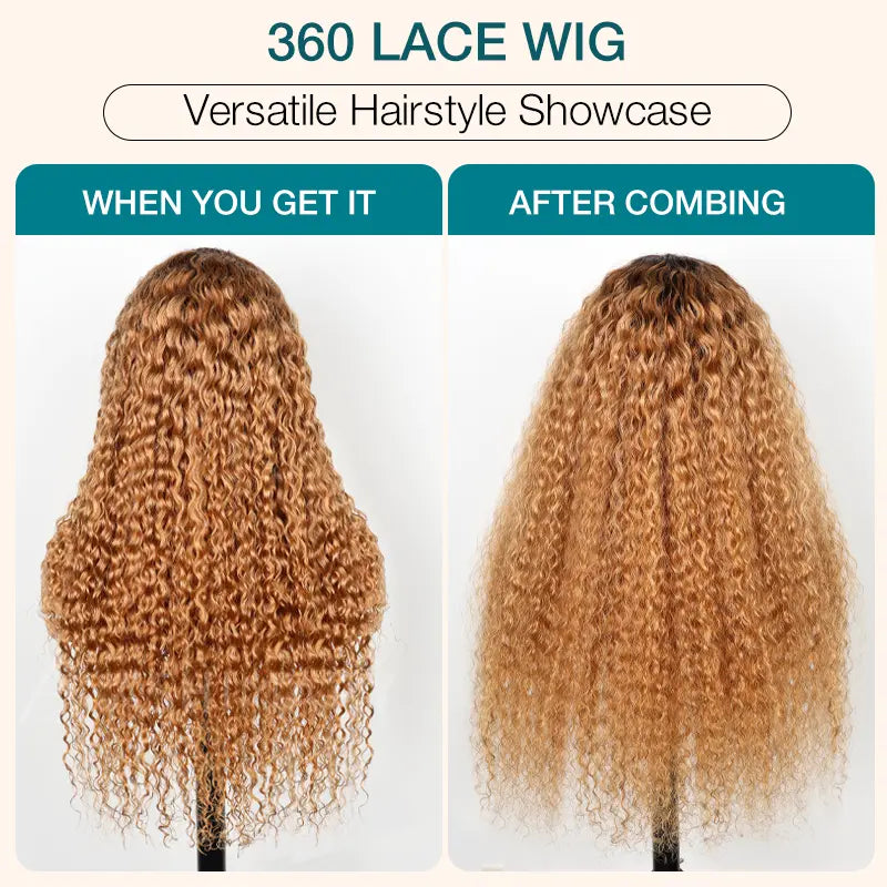 Water Wave Invisi Strap 360 Skin Lace Frontal Ombre Honey Blonde Wig With Chocolate Dark Roots Pre Everything Glueless Wig