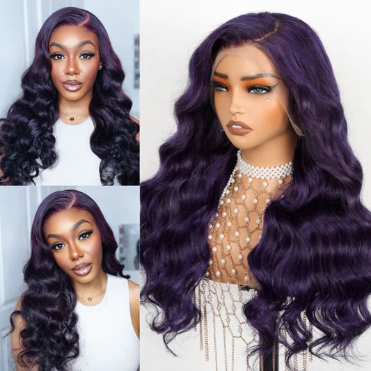 Dark Purple 3D Body Wave 13x4 Transparent Lace Frontal Wig Pre Plucked & Pre Curled Human Hair Wig