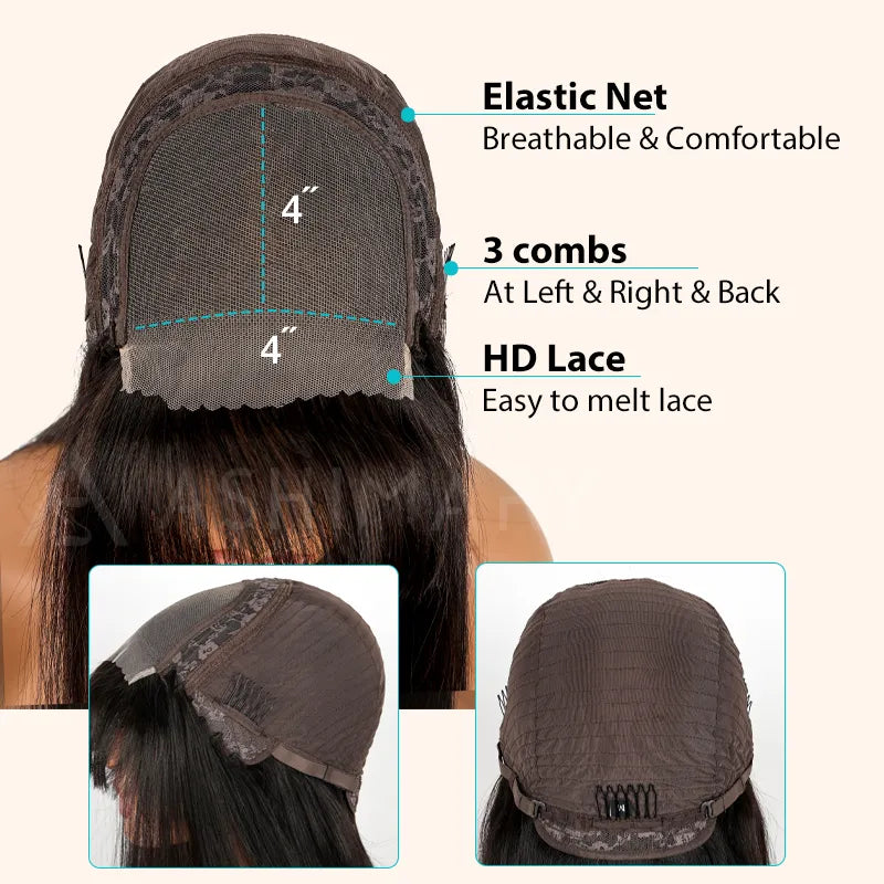 Layered Cut with Bangs 4x4 Transparent Lace Closure Wig Straight Human Hair 180% Density