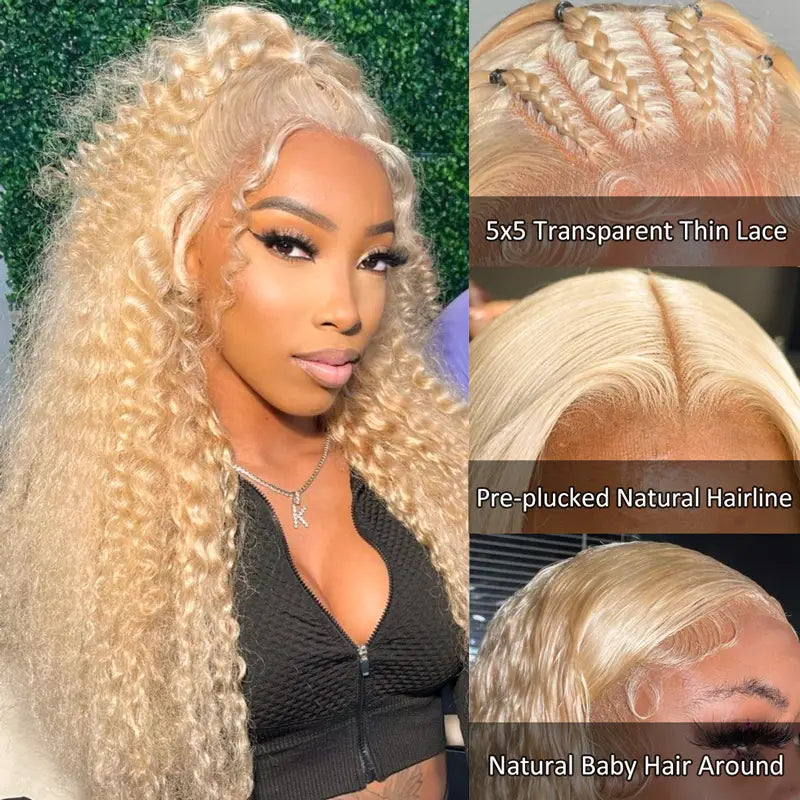 5x5 Lace Closure Blonde 613 Deep Wave Human Hair Wig Pre-Plucked Melting Transparent Lace