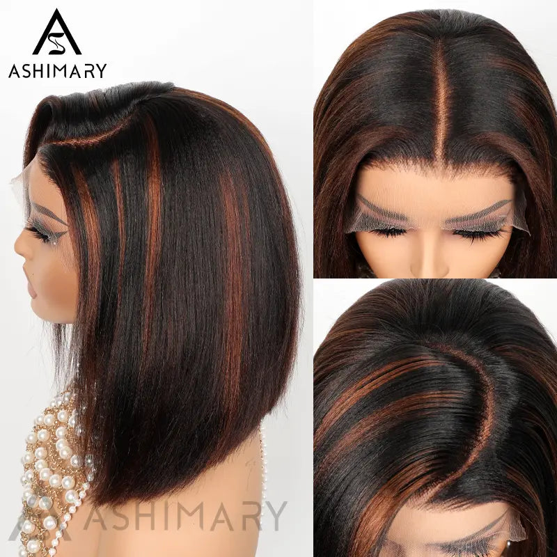 Highlight Yaki Straight Bob 13x4 Lace Frontal  Pre Everthing 6x4.5 / 4x4 Lace Clsoure Human Hair Wig