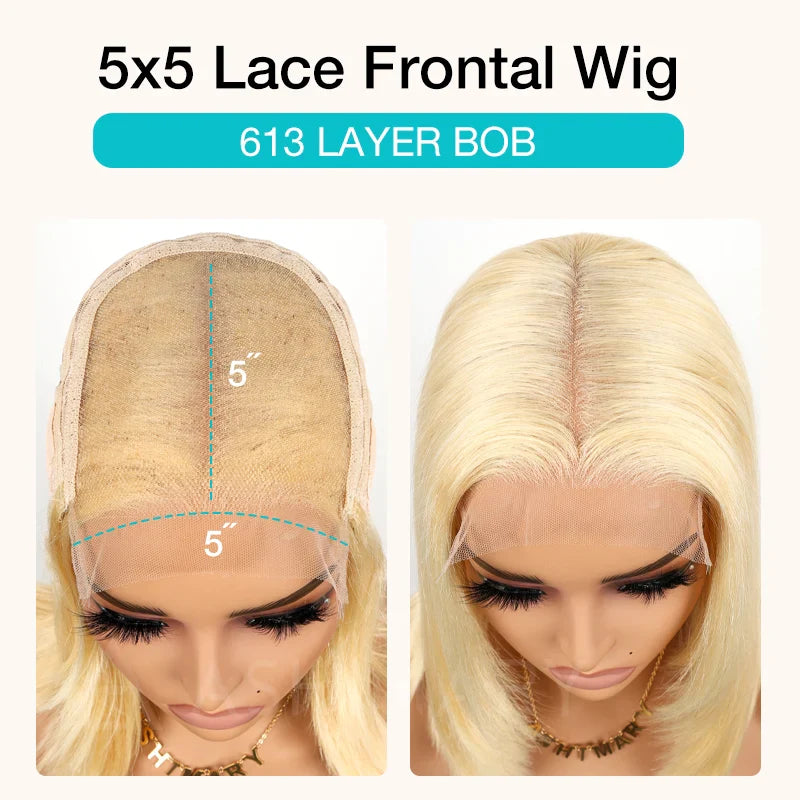 Layered Cut 613 Blonde Bob Wig 5x5 Transparent Lace Skin Melt Lightweight Fashion