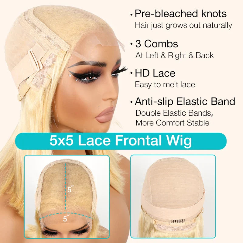 Layered Cut 613 Blonde Bob Wig 5x5 Transparent Lace Skin Melt Lightweight Fashion