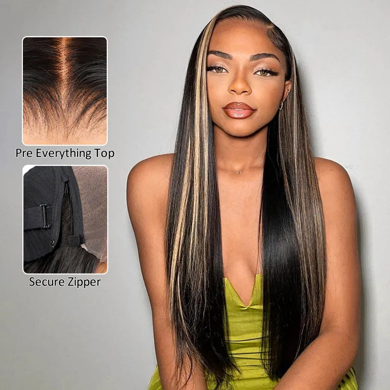 Ashimary PairUp Zippable Wig Highlight Straight Pre-Cut Lace Wig With Optional Replaceable Zip Lace Top 4 in 1