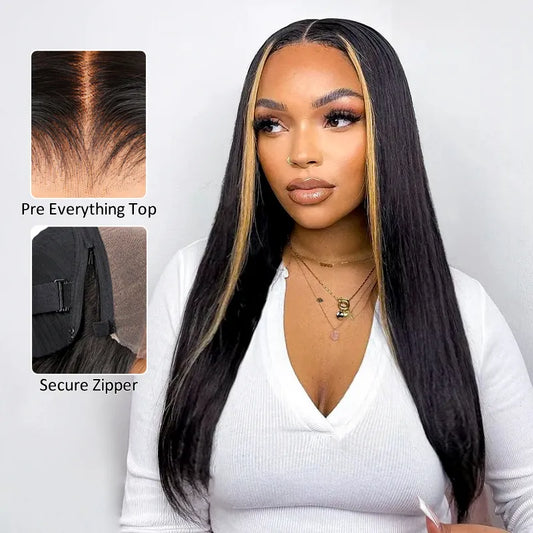 Ashimary PairUp Zippable Wig Highlight Straight Pre-Cut Lace Wig With Optional Replaceable Zip Lace Top 4 in 1