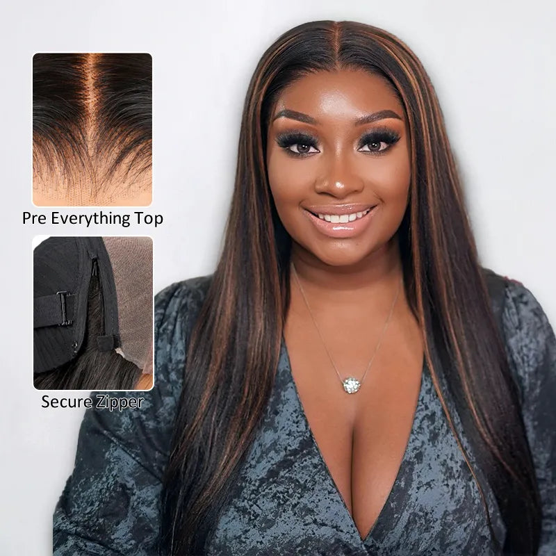 Ashimary PairUp Zippable Wig Highlight Straight Pre-Cut Lace Wig With Optional Replaceable Zip Lace Top 4 in 1
