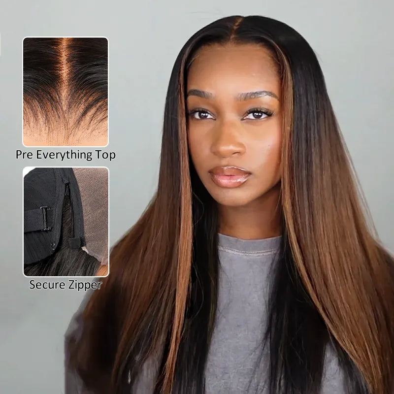 Ashimary PairUp Zippable Wig Highlight Straight Pre-Cut Lace Wig With Optional Replaceable Zip Lace Top 4 in 1