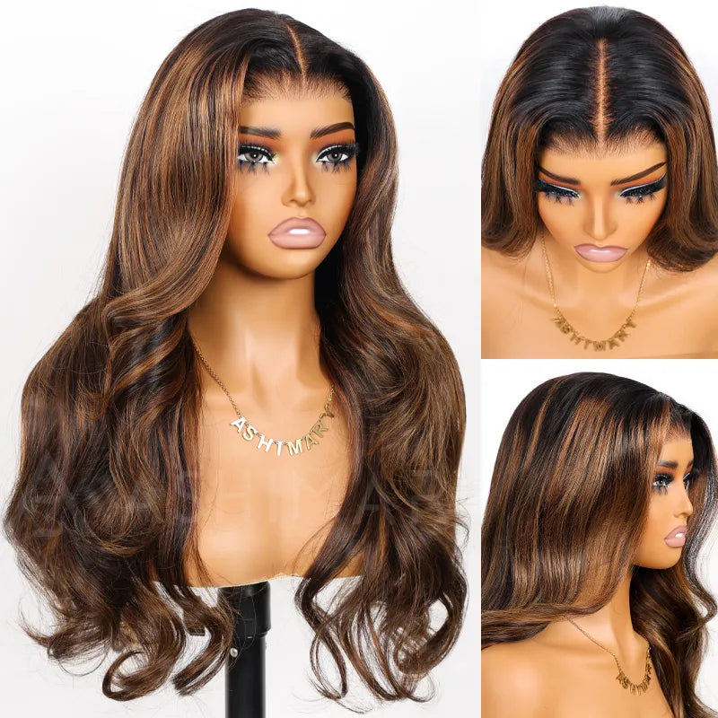 Balayage Highlights Dark Roots Body Wave 360 Skin Lace Frontal with Invisi Strap Human Hair Wig