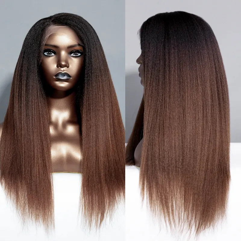 Yaki Straight Pull Go 13x6 Full Wig Transparent Lace Frontal Black to Brown Ombre Human Hair Wig Parting Max Glueless Wig