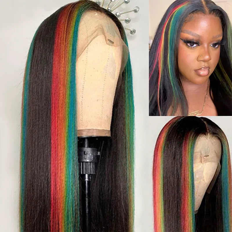 Highlight Skunk Stripe Rainbow 4x4 13x4 Lace Wigs Pre Plucked With Baby Hair