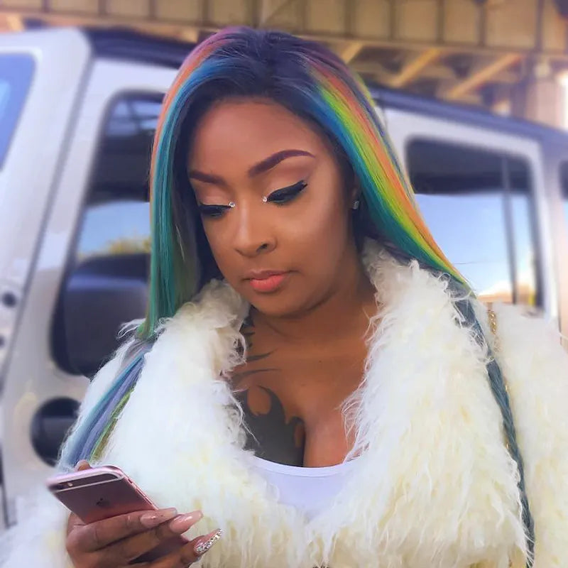Highlight Skunk Stripe Rainbow 4x4 13x4 Lace Wigs Pre Plucked With Baby Hair