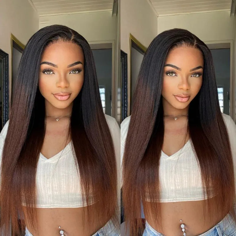 Black to Brown Ombre Yaki Straight 360 Skin Lace Frontal Invisi Strap Pre Everything Glueless Long Wig