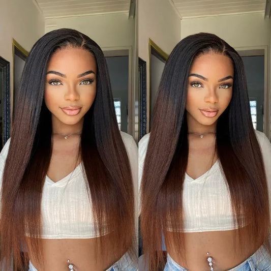 Black to Brown Ombre Yaki Straight 360 Skin Lace Frontal Invisi Strap Pre Everything Glueless Long Wig