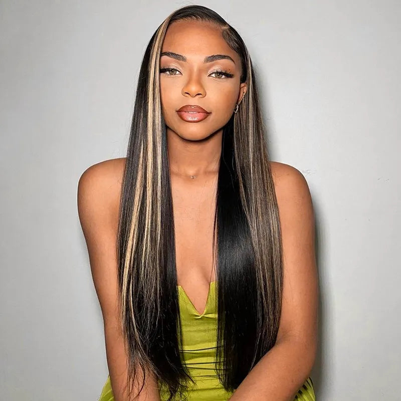 Ashimary Pull Go 13x6 Full Wig Honey Blonde Highlights on Black Hair Transparent Lace Frontal Pre Everything Glueless Human Hair Wig