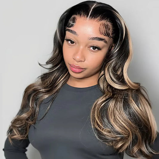 Ashimary Pull Go 13x6 Full Wig Honey Blonde Highlights on Black Hair Transparent Lace Frontal Pre Everything Glueless Human Hair Wig