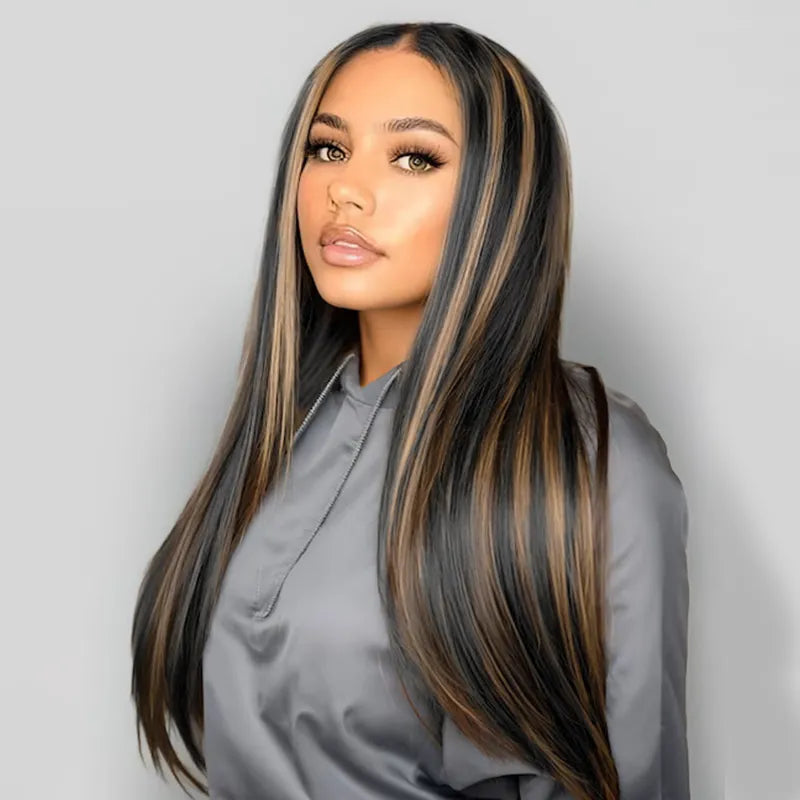 Ashimary Pull Go 13x6 Full Wig Honey Blonde Highlights on Black Hair Transparent Lace Frontal Pre Everything Glueless Human Hair Wig