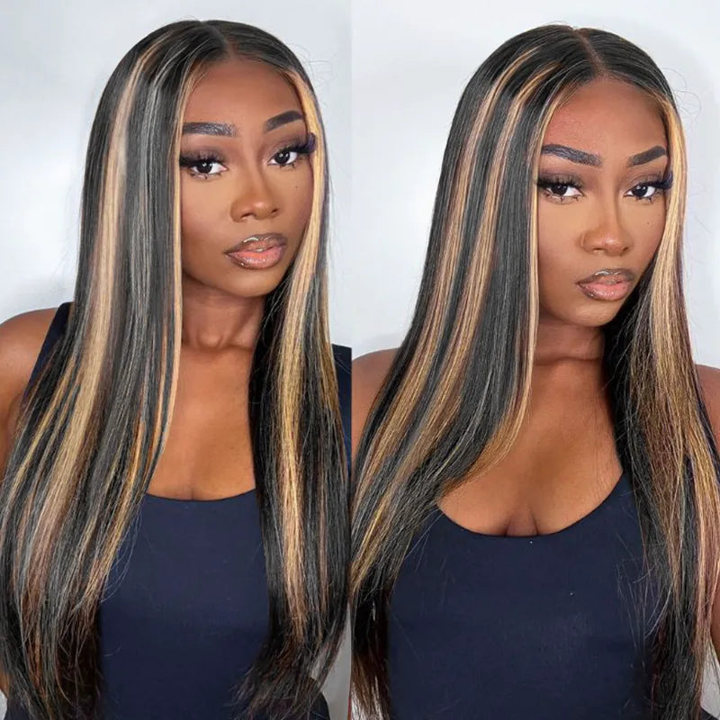 Ashimary Pull Go 13x6 Full Wig Honey Blonde Highlights on Black Hair Transparent Lace Frontal Pre Everything Glueless Human Hair Wig