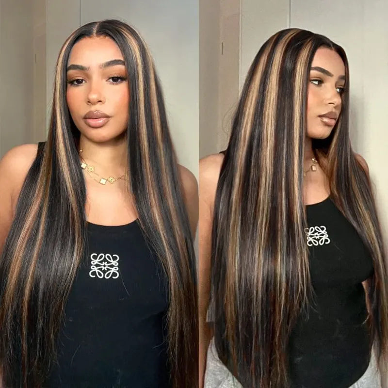 Ashimary Pull Go 13x6 Full Wig Honey Blonde Highlights on Black Hair Transparent Lace Frontal Pre Everything Glueless Human Hair Wig