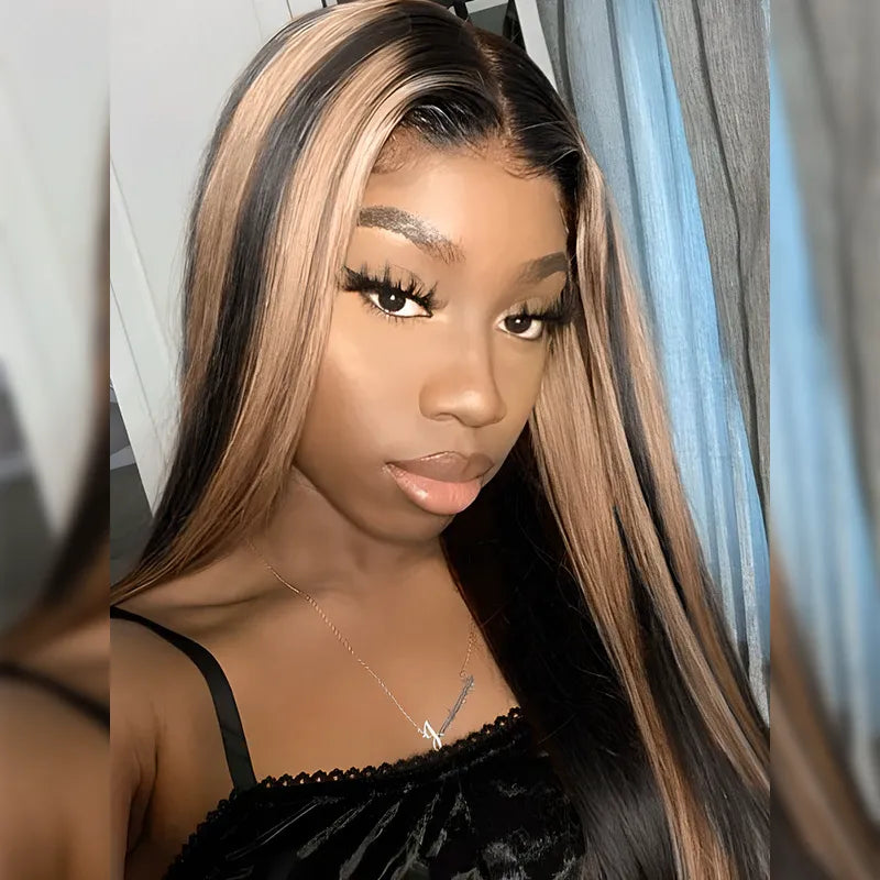 Ashimary Pull Go 13x6 Full Wig Honey Blonde Highlights on Black Hair Transparent Lace Frontal Pre Everything Glueless Human Hair Wig