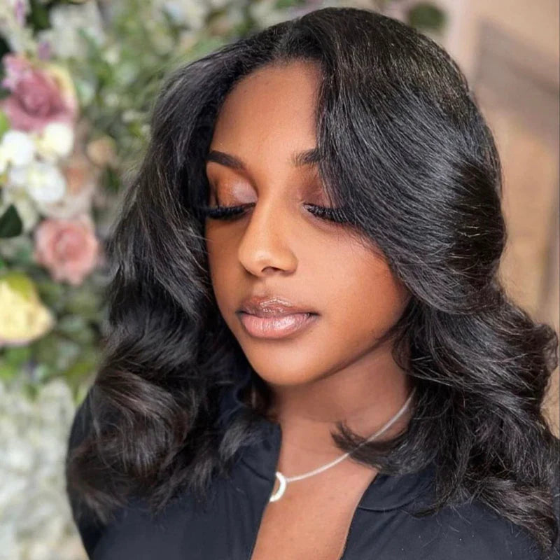 Face Framing Layers Cut Shoulder Length 4x4 Lace Frontal Bob Wig Salon Hairstyles Body Wave Human Hair