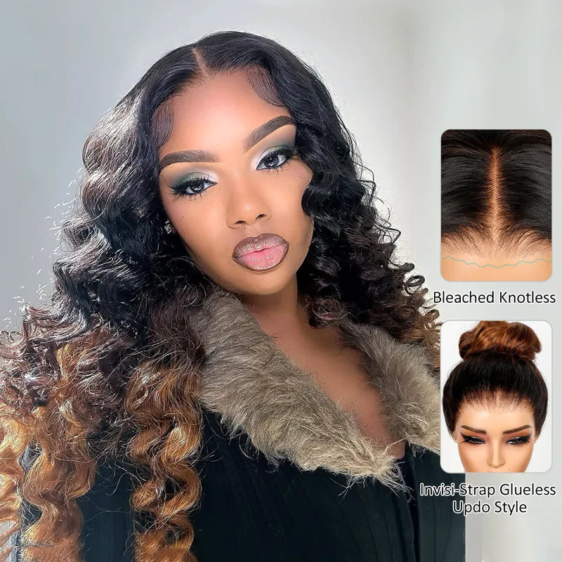 Black Brown Honey Blonde Ombre 360 Skin Lace Frontal with Invisi Strap Bouncy 3D Body Wave Pre Bleached Human Hair Wig