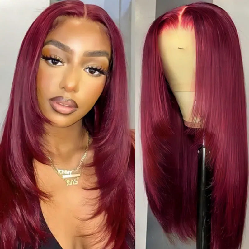 Ashimary Layered Wig Straight Hair 99J Burgundy 13x4 Transparent Lace Frontal Human Hair Wigs