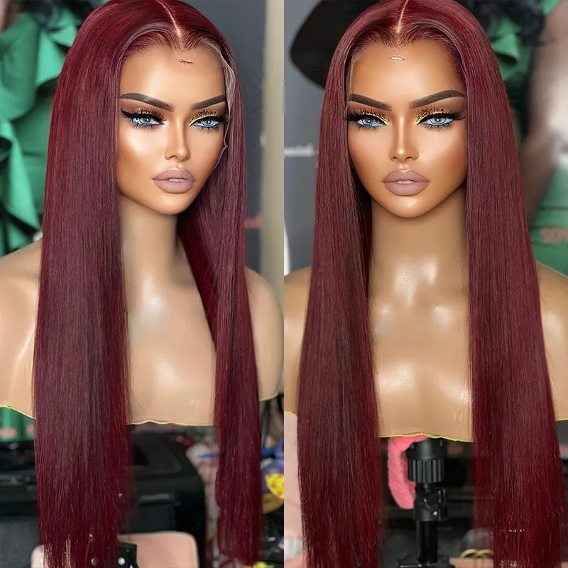 Dark 99J Burgundy Straight 4x4 5x5 6x6 Glueless Lace Closure Wig 100% Human Hair