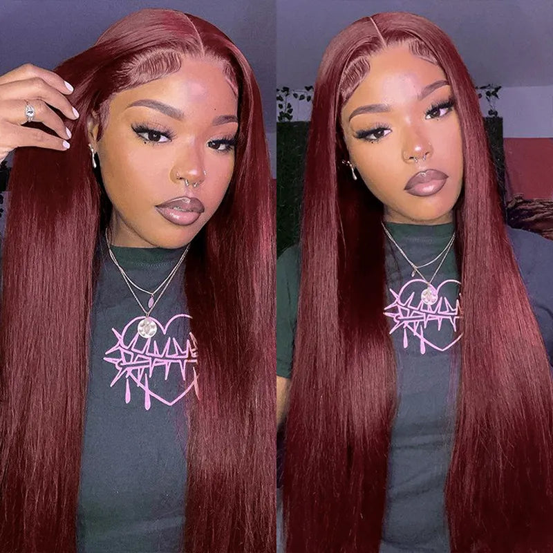 Dark 99J Burgundy Straight 4x4 5x5 6x6 Glueless Lace Closure Wig 100% Human Hair