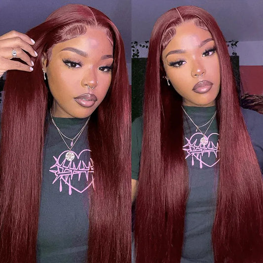 Dark 99J Burgundy Straight 4x4 5x5 6x6 Glueless Lace Closure Wig 100% Human Hair