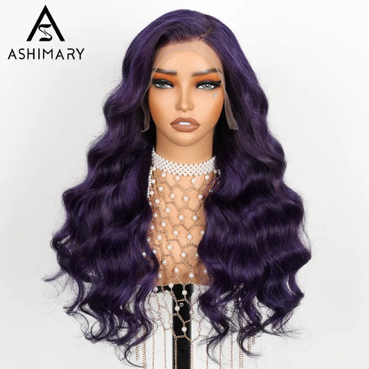 Dark Purple 3D Body Wave 13x4 Transparent Lace Frontal Wig Pre Plucked & Pre Curled Human Hair Wig